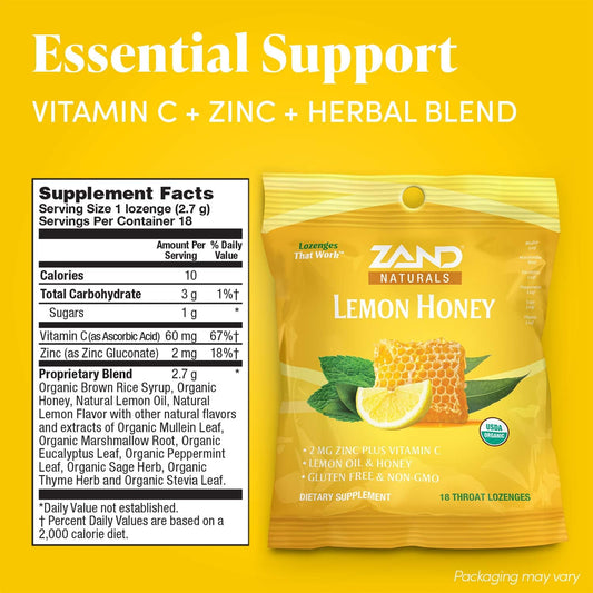 ZAND Immunity Organic Lemon Honey HerbaLozenge | Immune Support Throat Drops w/Vitamin C & Zinc ('18 Count (Pack of 1))