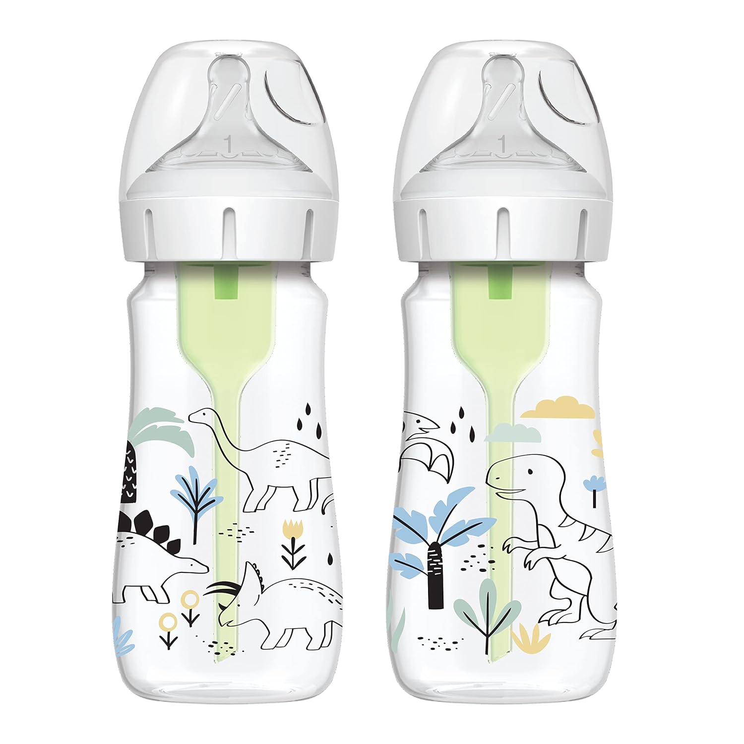 Dr. Brown'S Natural Flow® Anti-Colic Options+™ Wide-Neck Baby Bottle Designer Edition Bottles, Dino Decos, 9Oz/270Ml, Level 1 Nipple, 2-Pack, 0M+