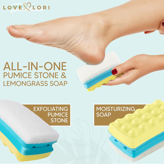 Love Lori 2 In 1 Foot Pumice Stone & Soap, Shower Foot Scrubber Exfoliator, Callus Remover For Feet, Feet Scrubber Dead Skin Removal, Great Foot Care Kit, Pedicure Kit & Foot Spa Kit Gift!