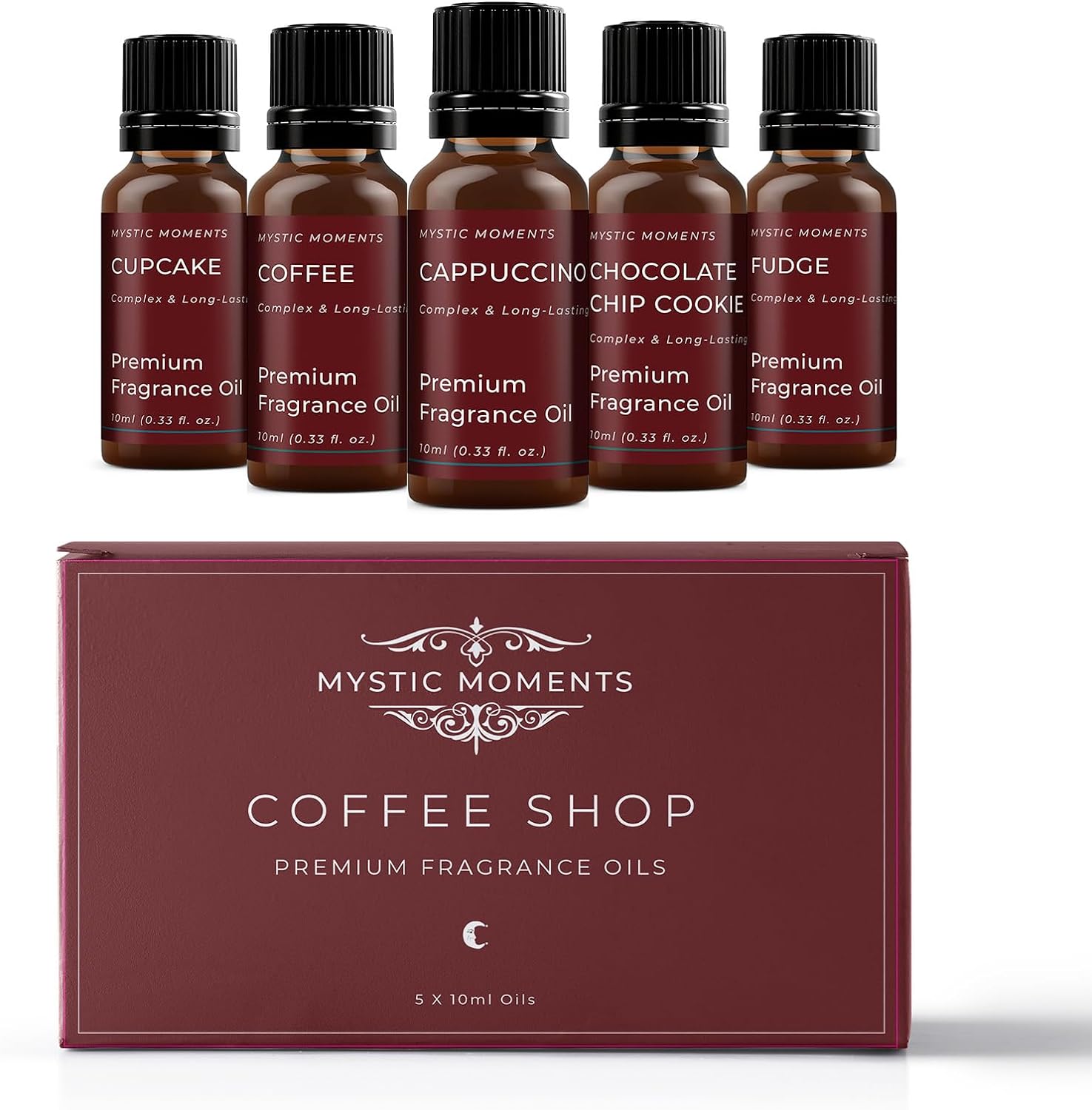 Mystic Moments | Coffee Shop Fragrance Oil Gift Starter Pack 5x10ml | Cappuccino, Chocolate chip cookie, Coffee, Cupcake, Fudge | Perfect as a gift