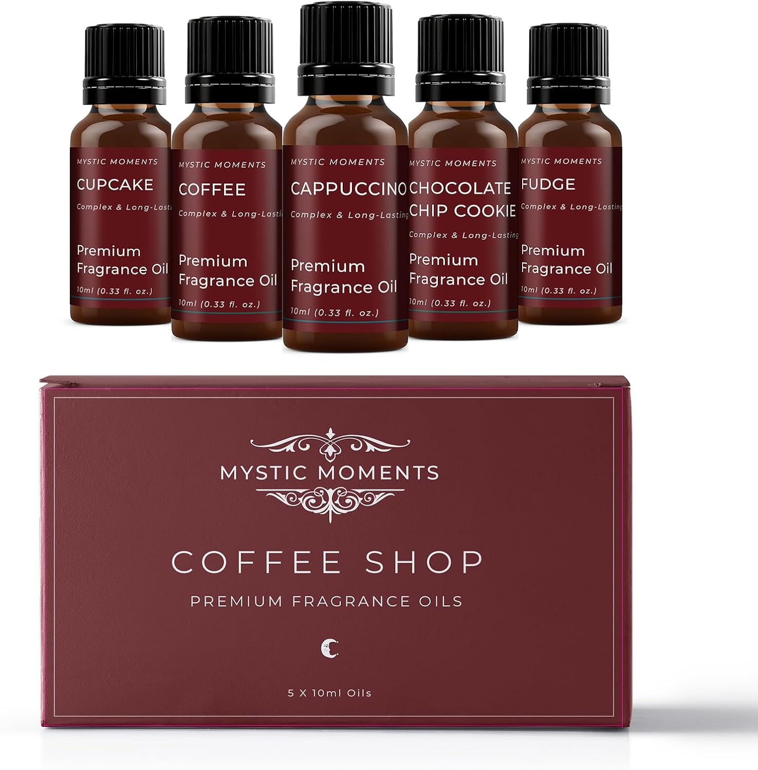 Mystic Moments | Coffee Shop Fragrance Oil Gift Starter Pack 5X10Ml | Cappuccino, Chocolate Chip Cookie, Coffee, Cupcake, Fudge | Perfect As A Gift