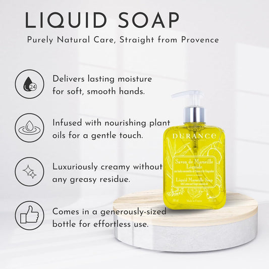 Durance Liquid Marseille Soap With Lemon & Ginger Essential Oils 300Ml - Paraben Free Hand Wash - Vegan Friendly - Gently Cleanses & Nourishes
