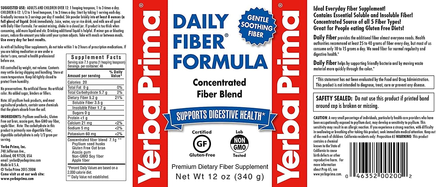 Yerba Prima Daily Fiber Formula Powder - 12 oz - Digestive Support Supplement - Soluble & Insoluble Dietary Fiber Supplement - Vegan, Non-GMO, Gluten-Free : Health & Household