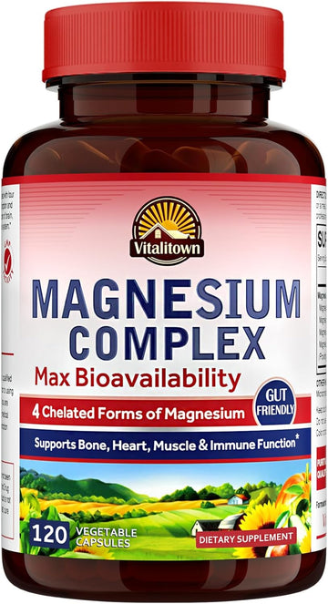 Vitalitown Magnesium Complex Supplement 500Mg - Maximized Absorption Chelated Magnesium Glycinate, Malate, Taurate & Citrate - Vegan Non-Gmo Magnesium 120 Capsules For Sleep, Muscle, Energy & Heart