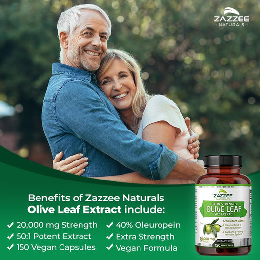 Zazzee Extra Strength Olive Leaf 50:1 Extract, 20,000 Mg Strength, 40% Oleuropein, 150 Vegan Capsules, 5 Month Supply, Concentrated And Standardized 50X Extract, 100% Vegetarian, Non-Gmo, All-Natural