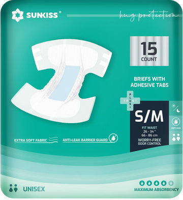 SUNKISS TrustPlus Adult Diapers with Maximum Absorbency, Unisex Disposable Incontinence Briefs with Tabs for Men and Women, Odor Control, Small/Medium, 15 Count