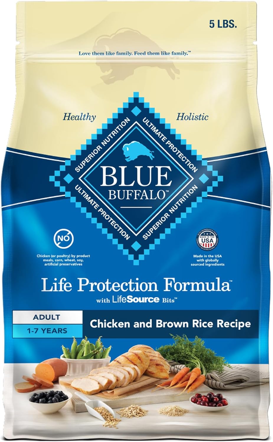 Blue Buffalo Life Protection Formula Adult Dry Dog Food, Helps Build And Maintain Strong Muscles, Made With Natural Ingredients, Chicken & Brown Rice Recipe, 5-Lb. Bag