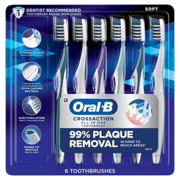 Oral-B Crossaction All In One Soft Toothbrushes, Deep Plaque Removal, Rounded Bristles Gentle On Teeth, Tongue And Cheek Cleaner, Gum Stimulators, 6 Count