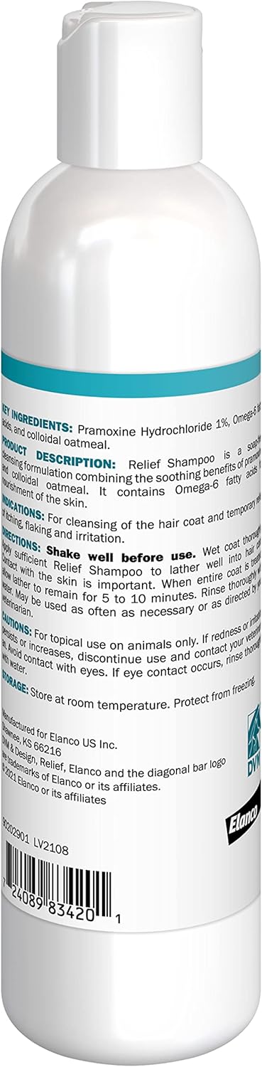 Elanco Relief Shampoo, Temporary Relief Of Itching And Flaking, Moisturizer For Dry Skin And Coat, For Dogs, Cats And Horses, 8 Oz