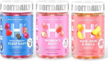 Health by Habit Shine On Kit - Hair, Skin & Nails Gummies, Sleep Easy Gummies & Women's Multi Gummies - Supports General Health, Wellness, Shiny Hair, Radiant Skin, Strong Nails, Deep Sleep, Melatonin