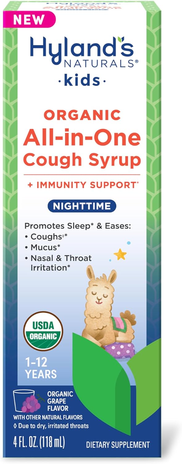 Hyland'S Kids Organic All-In-One Cough Syrup Nighttime - Eases Cough & Mucus Symptoms, Promotes Sleep, Organic Grape, 4 Fl. Oz