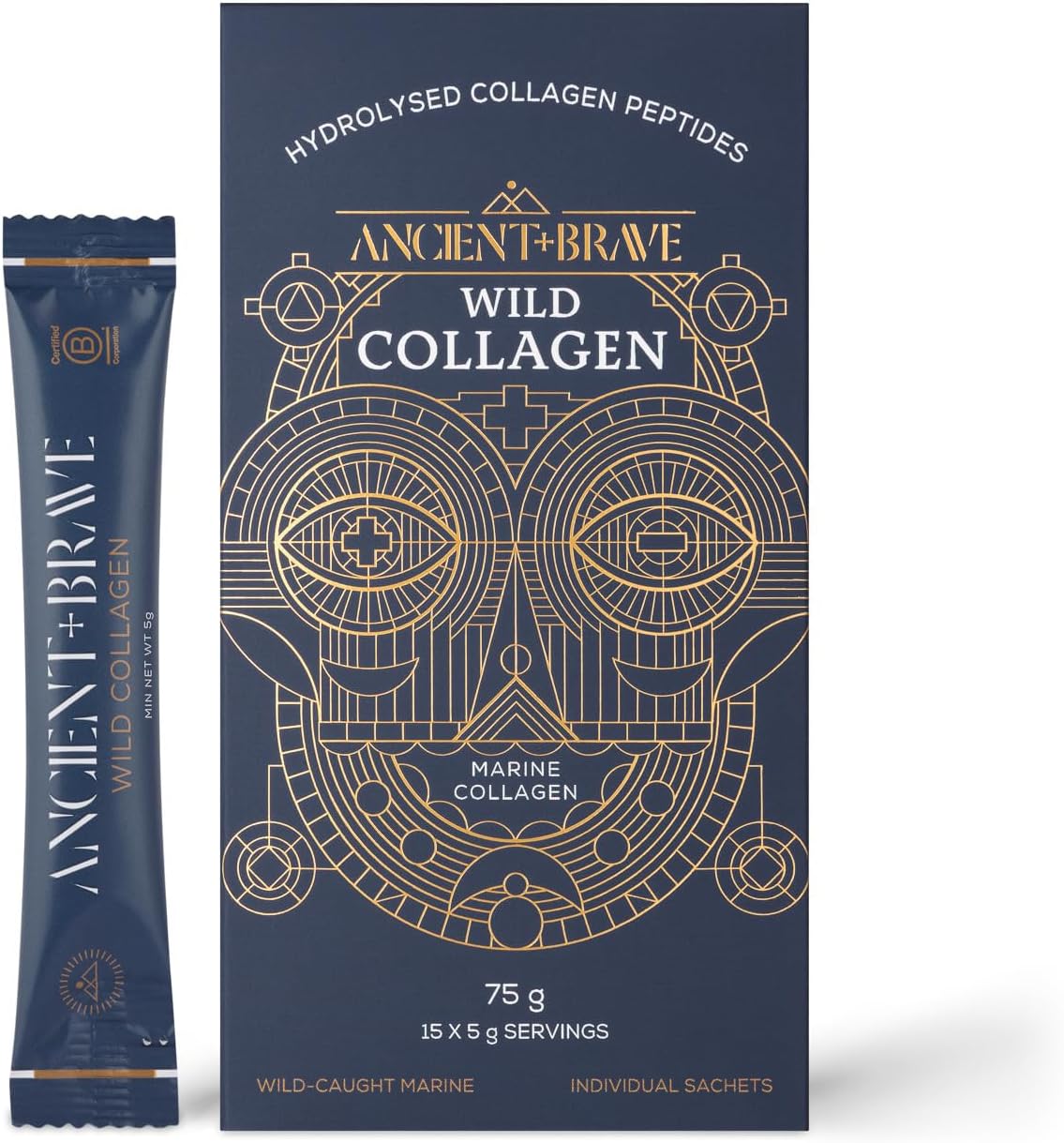 Ancient + Brave Wild Collagen Powder Sachets 15 X 5G - Pure Hydrolyzed Marine Collagen Peptides Supplement (Fish) - High Protein For Women - High Protein - Beauty, Skin - Halal & Kosher Certified