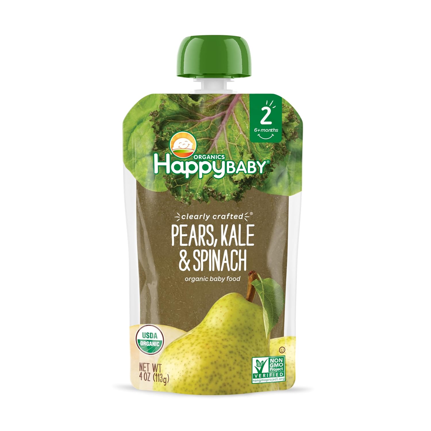 Happy Baby Organics Stage 2 Baby Food Pouches, Gluten Free, Vegan & Healthy Snack, Clearly Crafted Fruit & Veggie Puree, Pears, Kale & Spinach, 4 Ounces (Pack of 16) : Baby