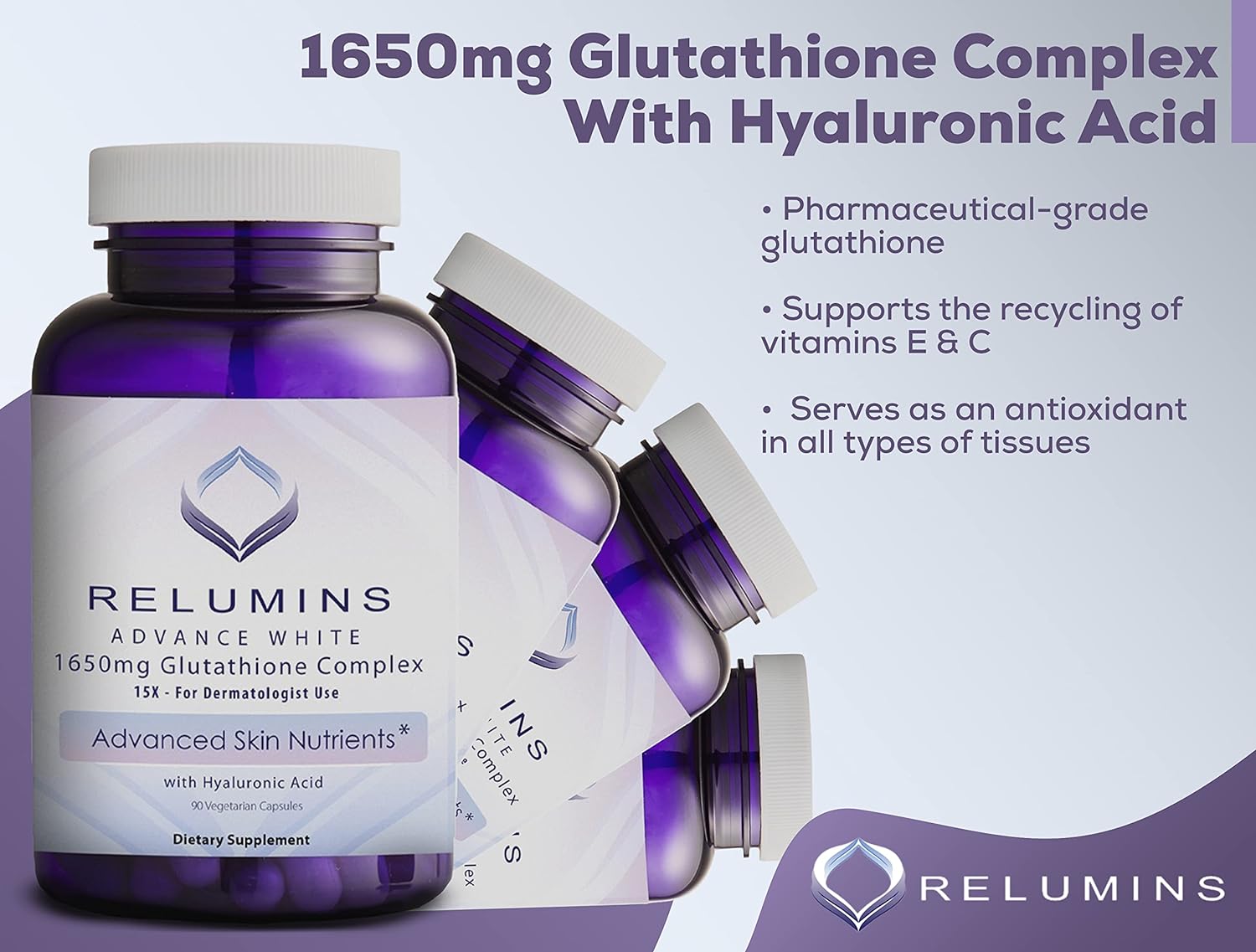 Relumins Advance White 1650mg 15x Glutathione Complex - Enhanced Version with Alpha-lipoic Acid and Hyaluronic Acid - Dietary Supplement - 90 Vegetarian Capsules : Health & Household