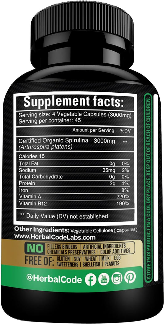 Organic Spirulina Powder Capsules 3000 mg - Purest Non-Irradiated Blue Green Algae - Best Raw Vegan Protein - Green Superfood - Natural Multivitamins ? 180 Pills Made in The USA