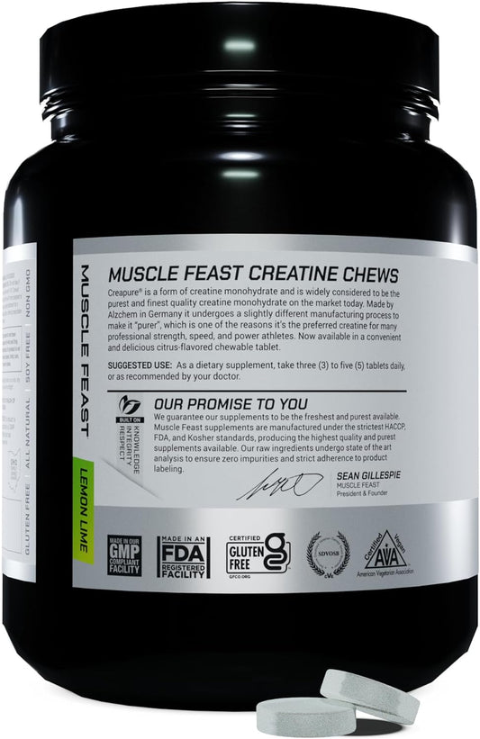 Muscle Feast Vegan Creatine Monohydrate, Gluten-Free Creapure Chews, Lemon Lime, 360 Tabs