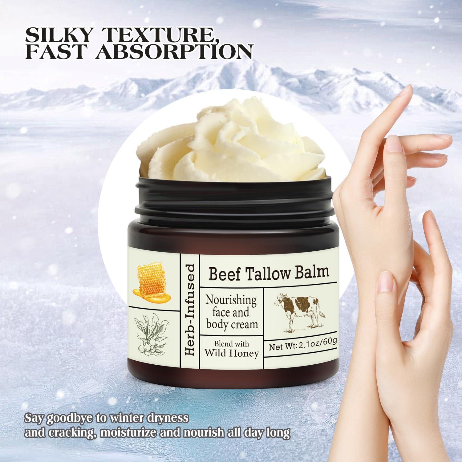 Beef Tallow For Skin – Natural Whipped Tallow And Honey Balm Face Moisturizer, Organic Grass-Fed Tallow, Deeply Nourishing Skin Balm For Face & Body, Moisturizing Cream For Dry Skin