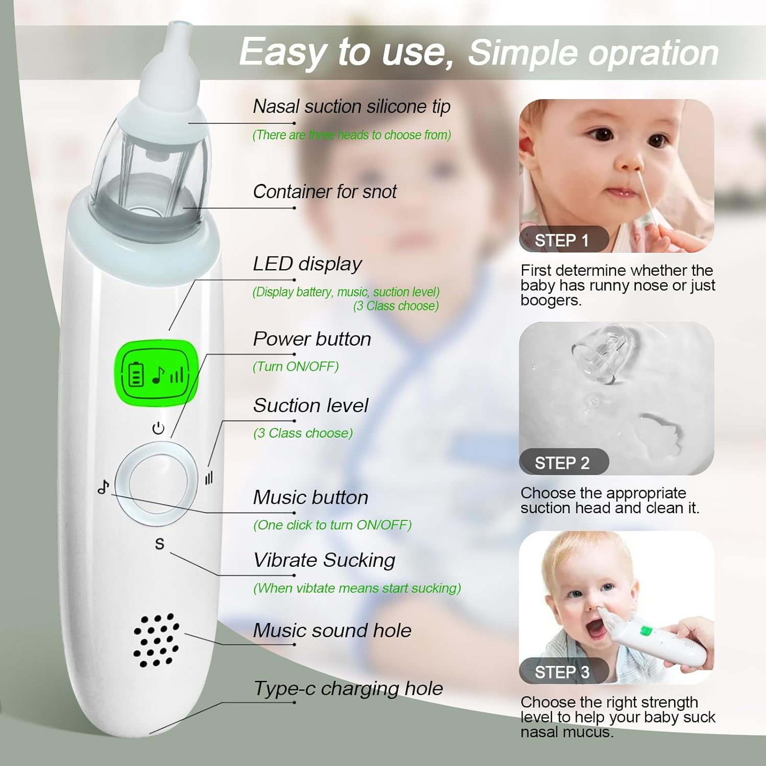 Nasal Aspirator for Baby, Electric Nose Aspirator for Toddler, with 3 Silicone Suck Head, Baby Nose Sucker,Automatic Nose Cleaner,Adjustable Suction Level, Music and Light USB Rechargeable. : Baby