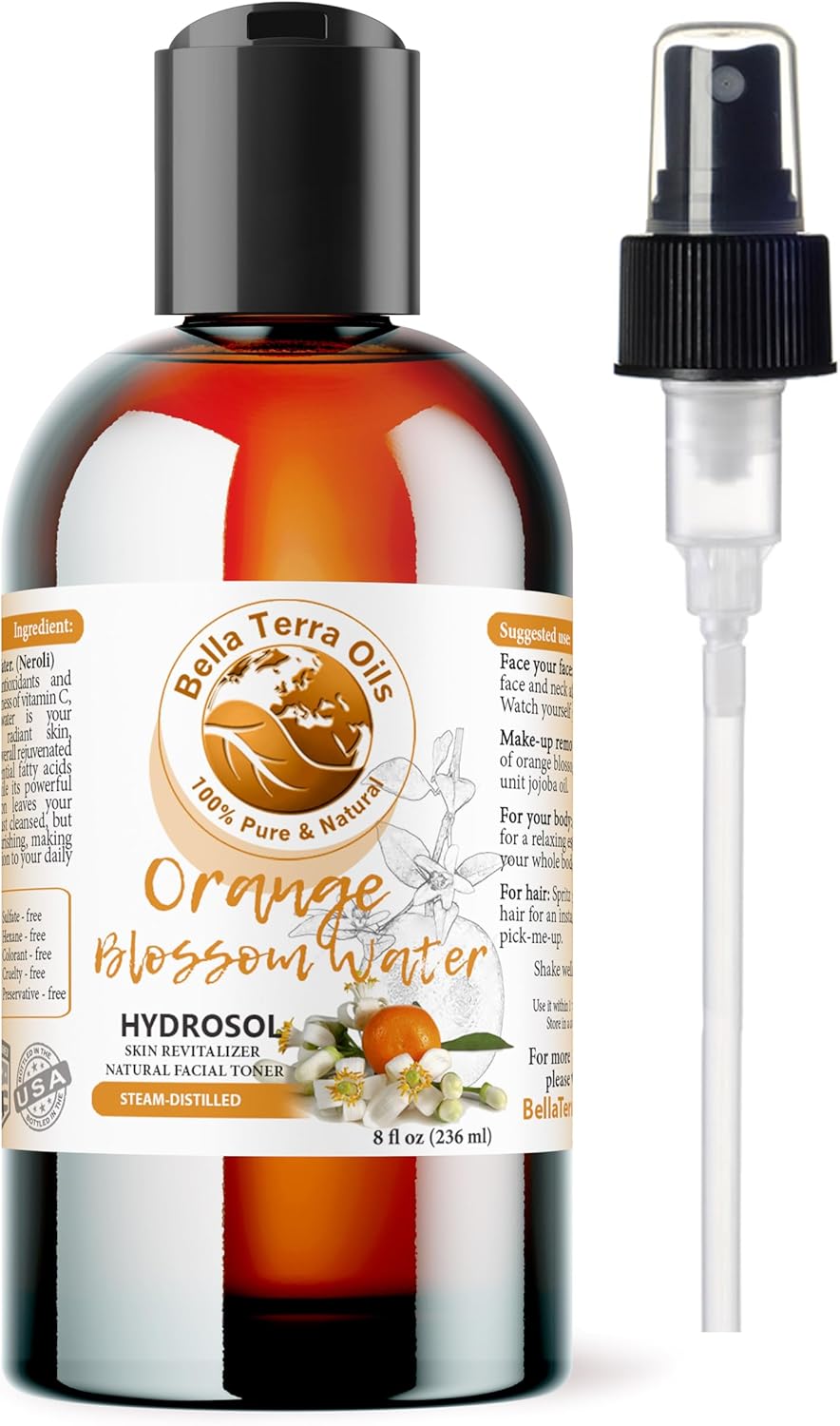 Bella Terra Oils - Organic Neroli Water 8 oz - A Gem of Hydrosol Waters, Infused with Limonene & Linalool, Revel in The Magic of Orange Blossom Toner