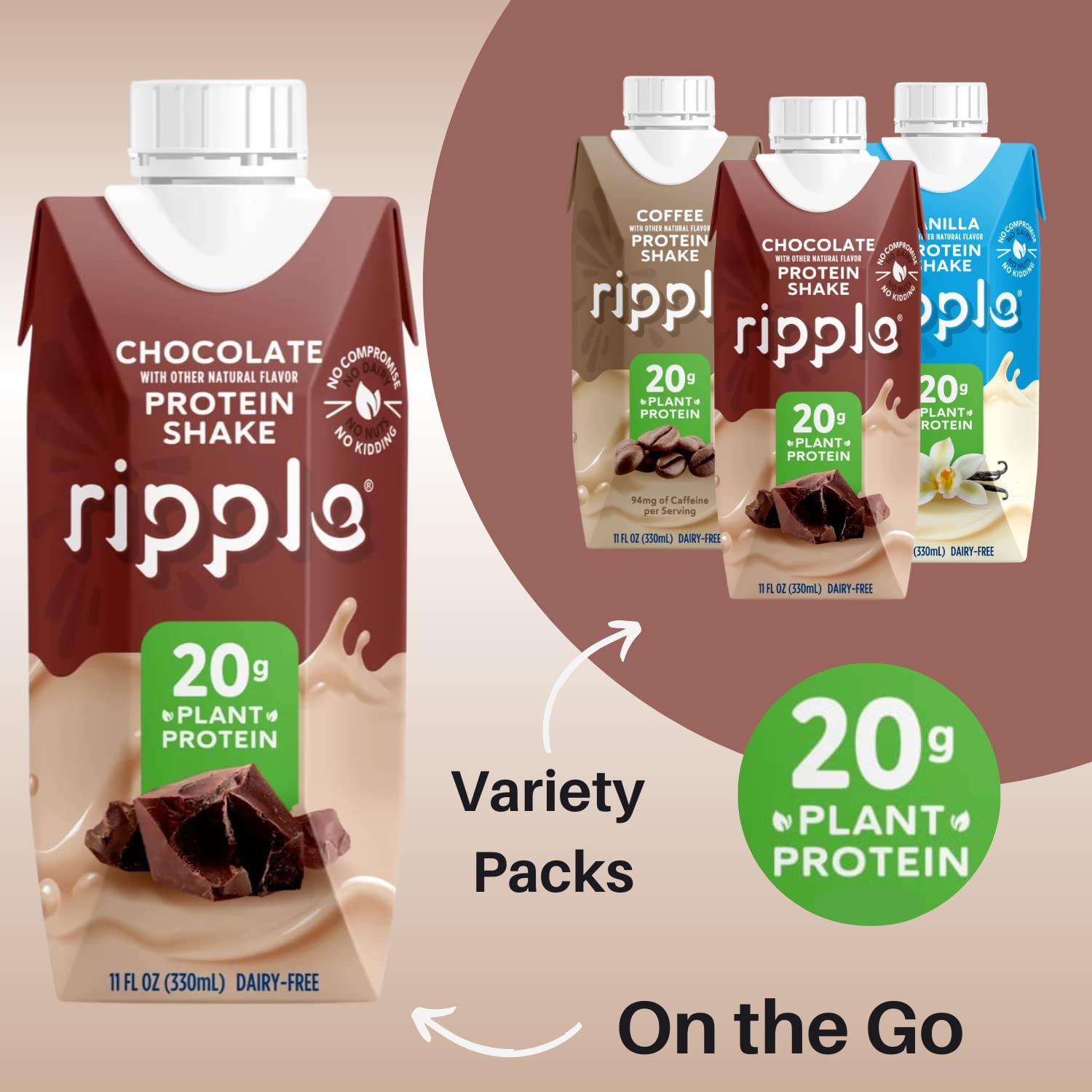 Ripple Vegan Protein Shake, Chocolate | 20G Nutritious Plant Based Pea Protein In Ready To Drink Cartons | Non-Gmo, Non-Dairy, Soy Free, Gluten Free, Lactose Free | Shelf Stable | 11 Fl Oz (4 Pack)