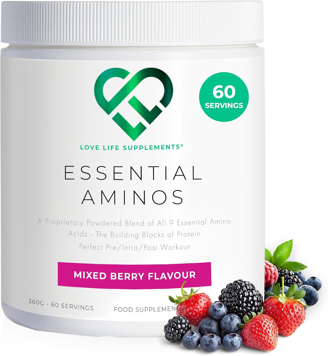 Eaa Amino Acids Powder, All 9 Essential Amino Acids Including Bcaa'S, Watermelon Flavour, 360G - 60 Servings (5G Of Eaa'S Per Serving) - Love Life Supplements