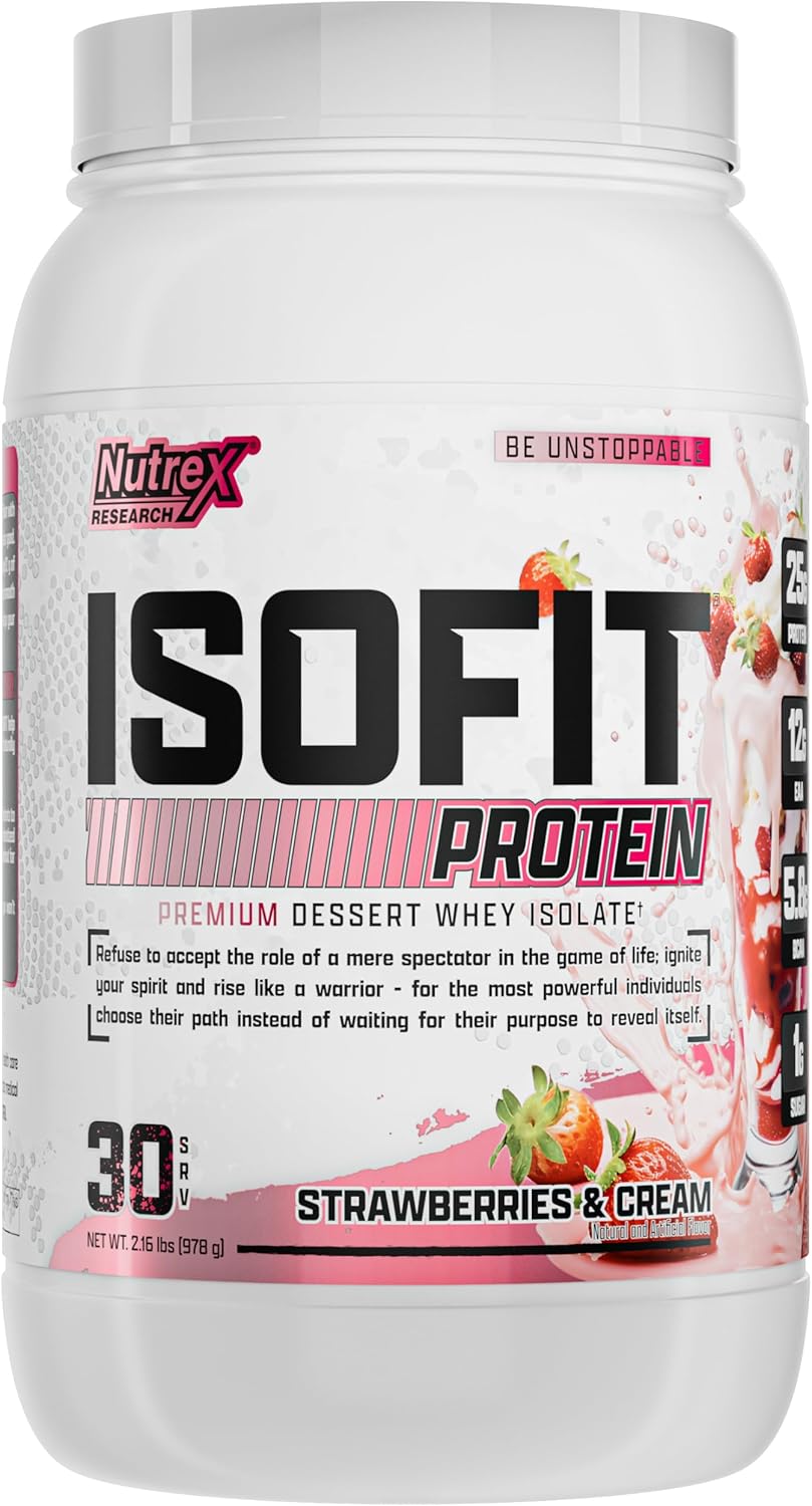 Nutrex Research Isofit Strawberry Whey Isolate Protein Powder 100% Whey Protein Isolate | Muscle Recovery, Naturally High Eaas & Bcaas | Fast Absorbing, Easy Digestion | Strawberries & Cream 30 Serv