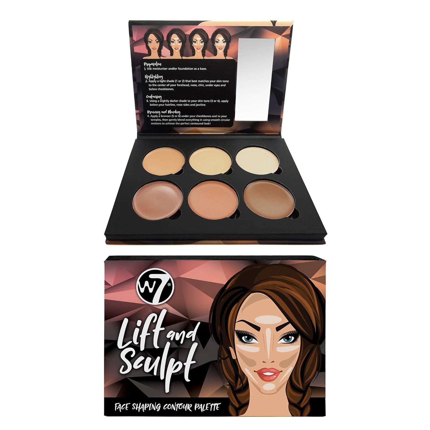 W7 Lift & Sculpt Cream Contour Kit - Concealing, Highlighting & Contouring Makeup Palette - Step-by-Step Instructions Included