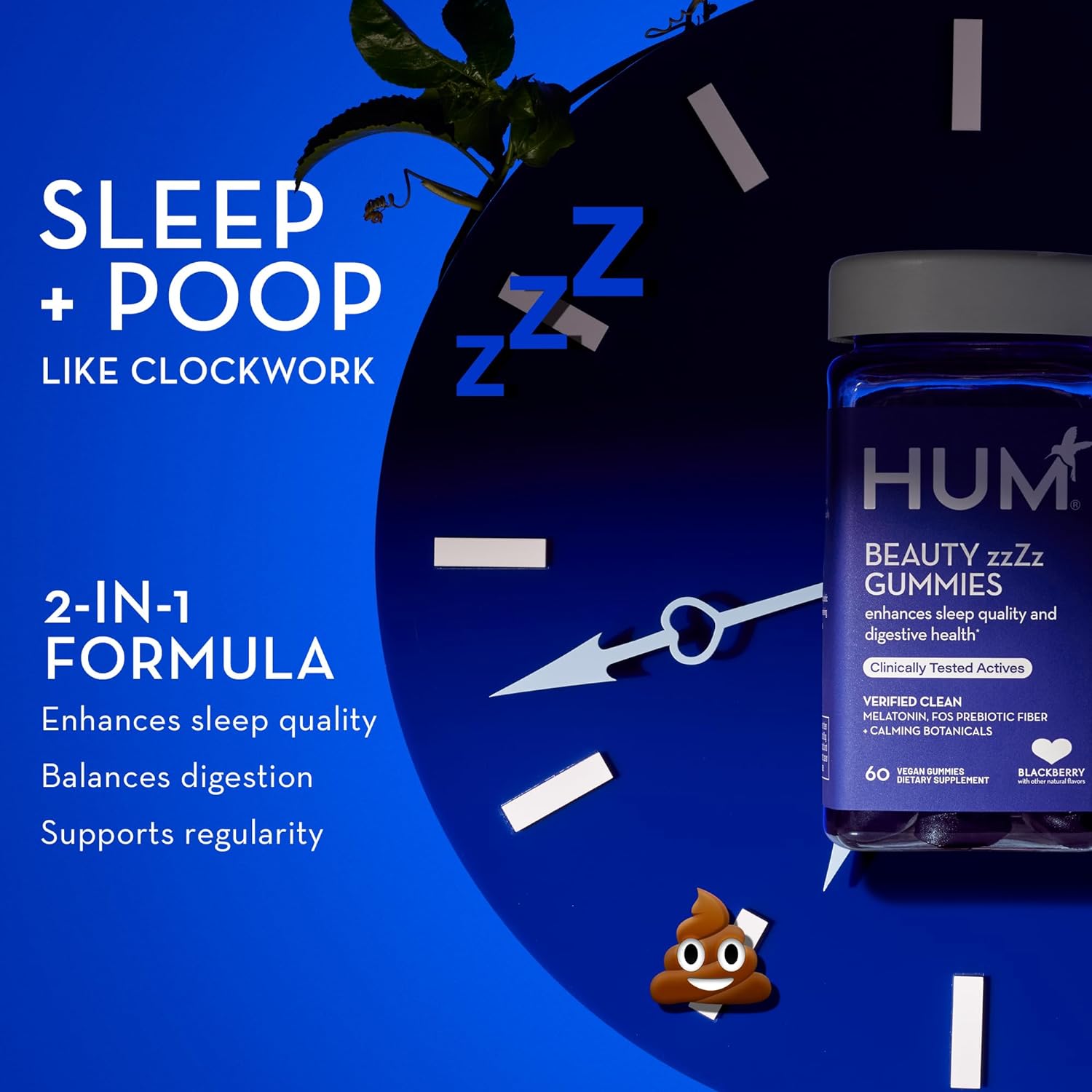 HUM Nutrition Beauty zzZz Sleep & Digestive Regularity Gummies 3mg Melatonin + FOS prebiotic Fiber, Sleep Aid (30-Day Supply) : Health & Household