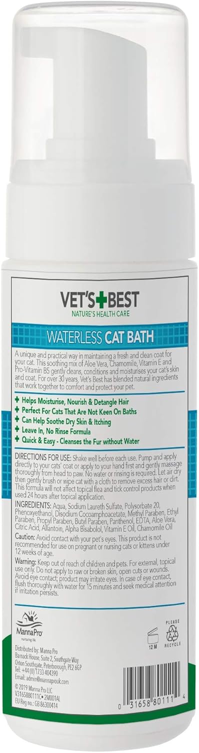 Vet's Best Waterless Cat Bath | No Rinse Waterless Dry Shampoo for Cats 150ml?80111-6p