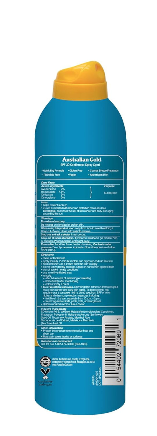 Australian Gold Extreme Sport Spray Gel Sunscreen Spf 30, 8 Ounce | Broad Spectrum | Sweat & Water Resistant | Non-Greasy | Oxybenzone Free | Cruelty Free