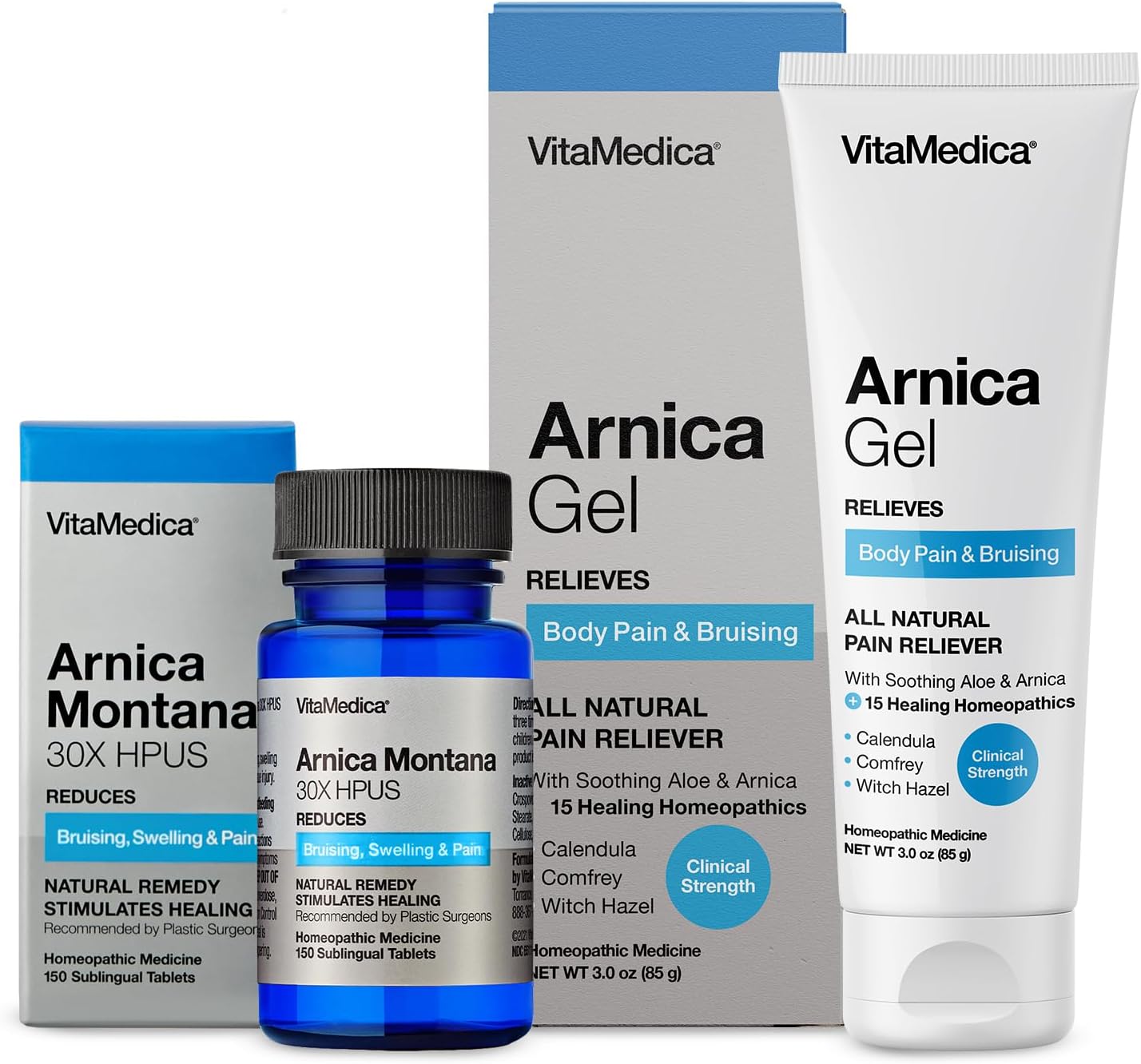 Vitamedica | Arnica Montana | Tablets & Gel Kit | Bruising | Swelling | Calendula | Comfrey | Witch Hazel | Soothing Aloe | 150 Tablets | 3 Ounce Gel | Water Based | Made In Usa | Temporary Relief…