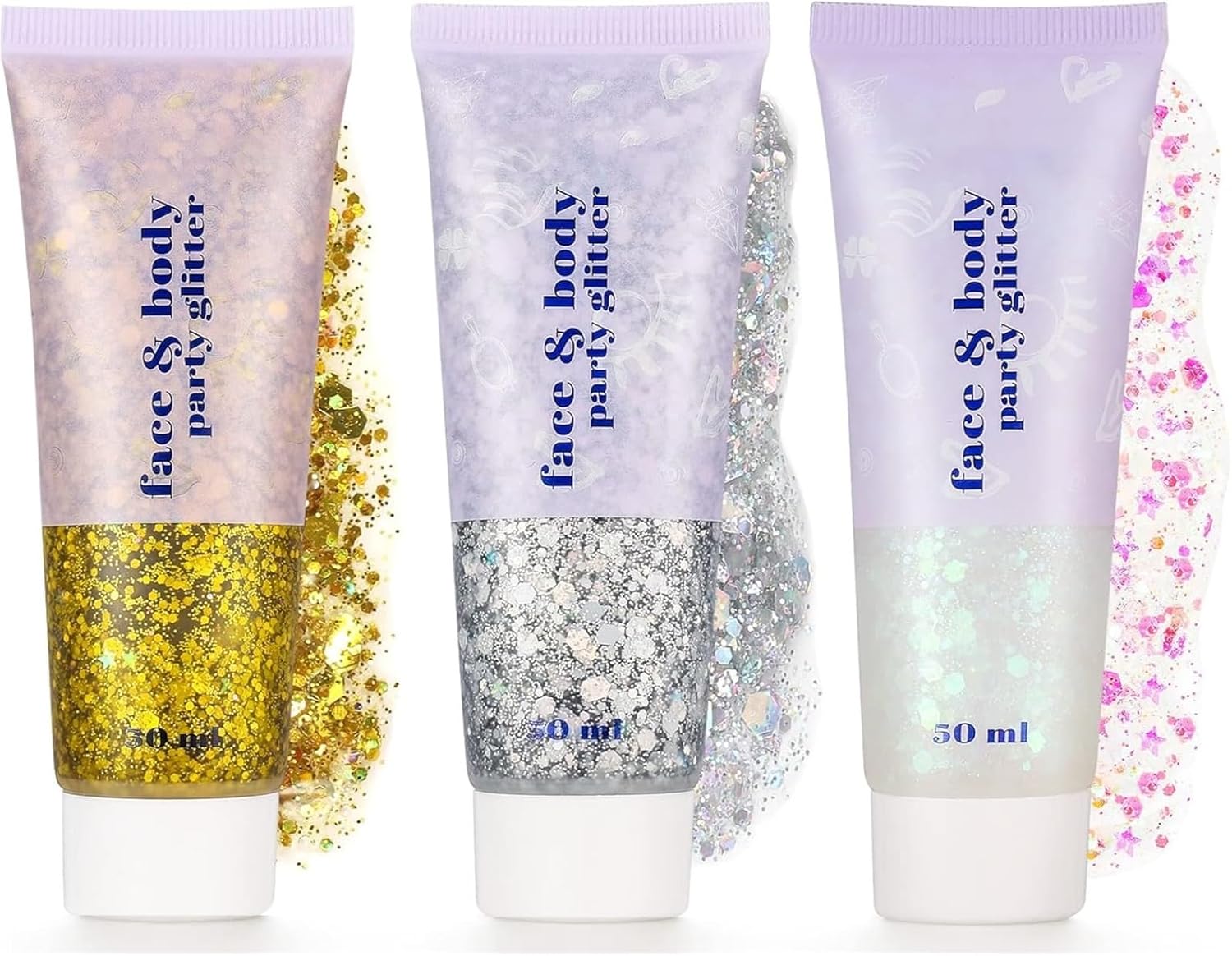 Body Glitter Gel Set, 3 Pcs Face Glitters Body Gel Sequins Shimmer Liquid Eyeshadow, Mermaid Sequins Liquid Holographic Chunky Glitter For Face Hair Nails(Gold,Silver,White)