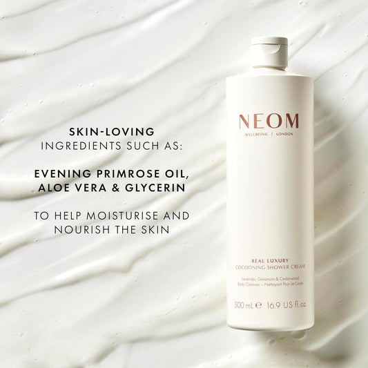 Neom- Real Luxury Cocooning Shower Cream | Lavendar, Geranium & Cedarwood (500 Ml, 500 Millilitre) (16.9 Fl Oz)
