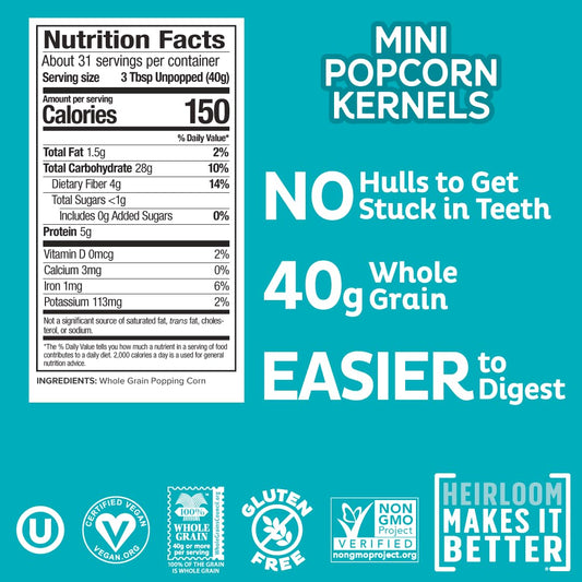 Heirloom Mini Popcorn Kernels By Pipcorn, Non-Gmo, Vegan, Gluten Free Snacks, Healthy Unpopped Popcorn - 44 Oz Jar