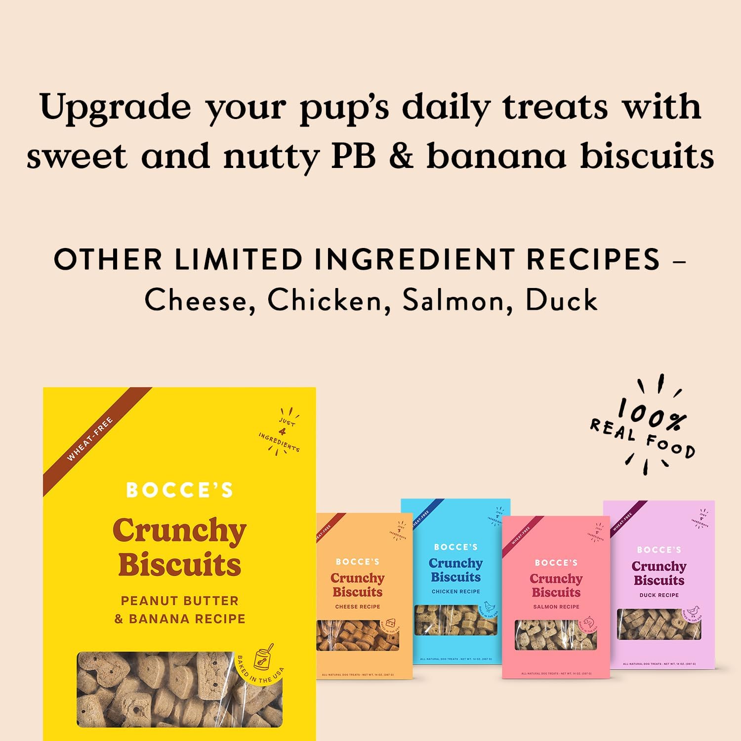 Bocce's Bakery Oven Baked PB & Banana Recipe Treats for Dogs, Wheat-Free Dog Treats, Made with Real Ingredients, Baked in The USA, All-Natural Peanut Butter & Banana Biscuits, 14 oz : Pet Supplies