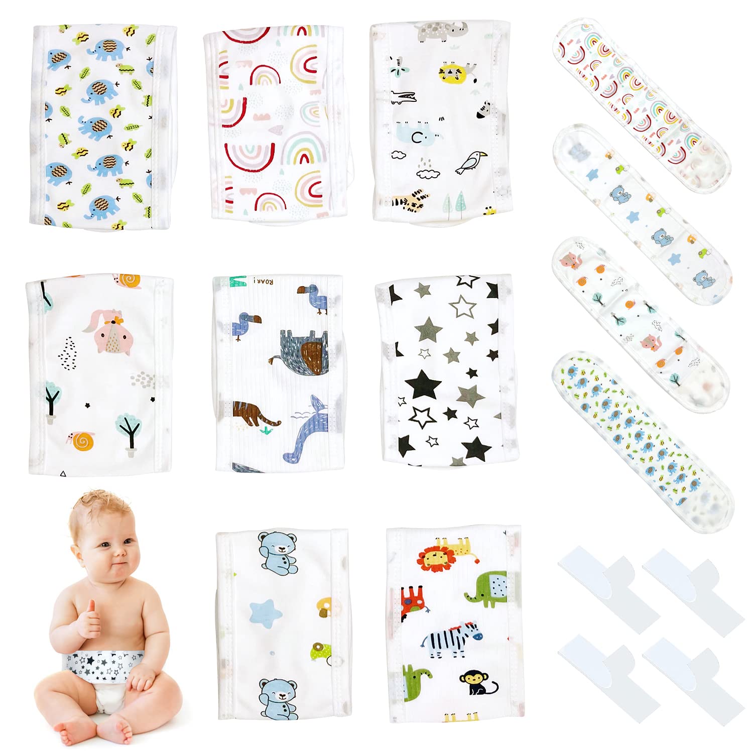 8 Pcs Cotton Baby Belly Band mit 4 Pcs Hook and Loop Tape, Cartoon Umbilical Hernia Belt Infant, Newborn Belly Button Band for 0-12 Months, 2 Styles