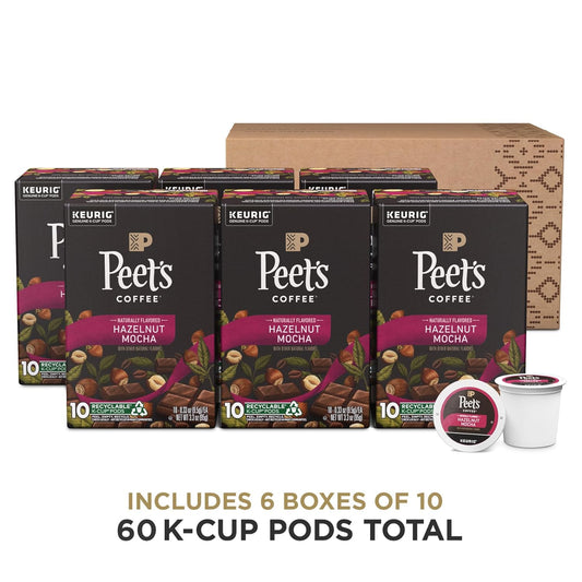 Peet's Coffee, Hazelnut Mocha - Flavored Coffee - 60 K-Cup Pods for Keurig Brewers (6 boxes of 10 pods), Light Roast