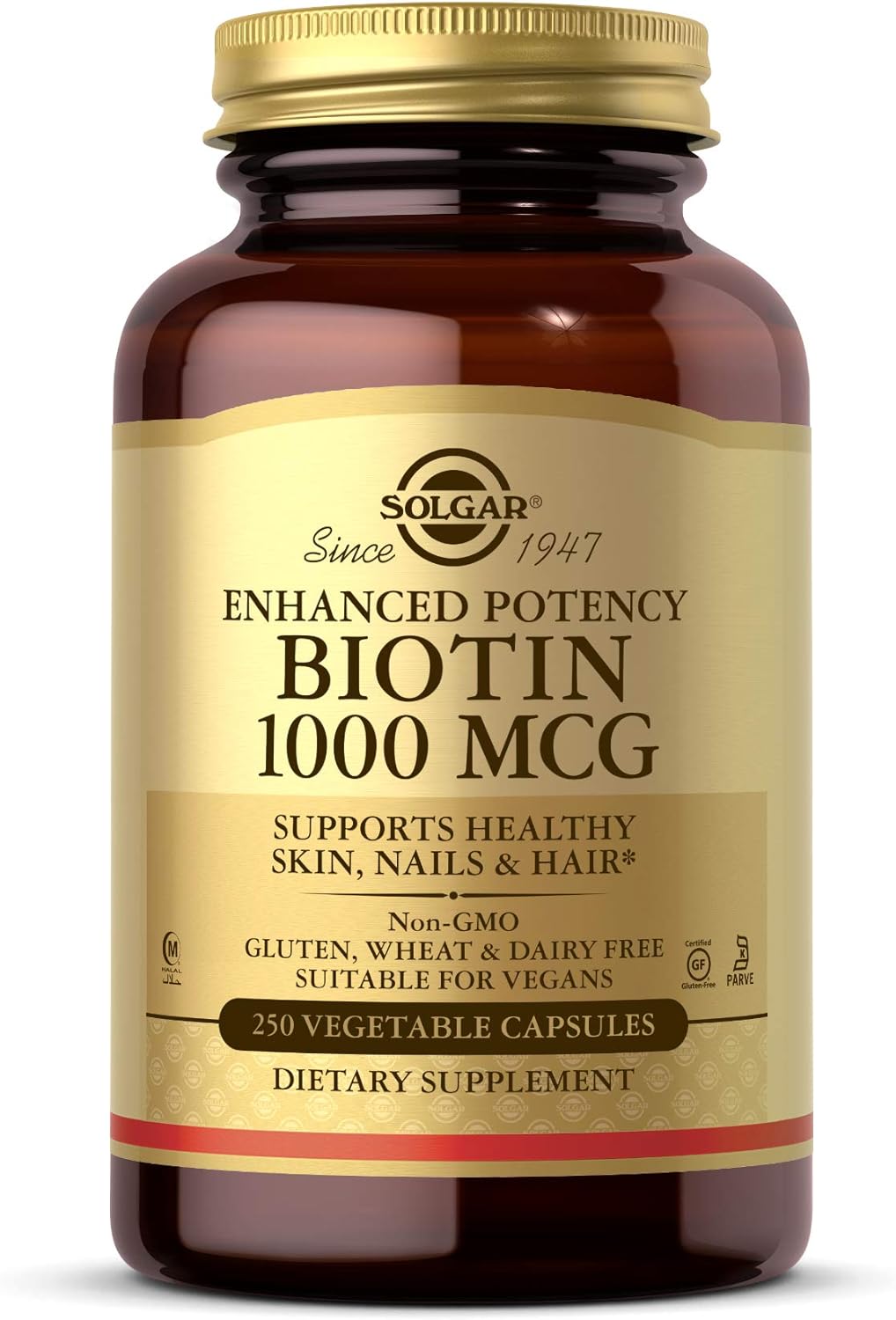 Solgar Biotin 1000 Mcg, 250 Vegetable Capsules - Supports Healthy Skin, Nails & Hair - Energy Metabolism - Enhanced Potency - Non-Gmo, Vegan, Gluten Free, Dairy Free, Kosher, Halal - 250 Servings