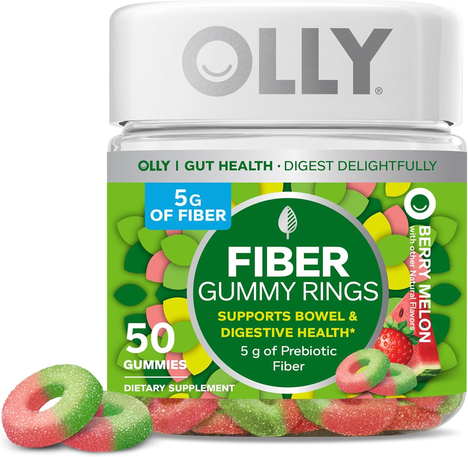 Olly Fiber Gummy Rings, 5G Prebiotic Fiber, Fos (Fructo-Oligosaccharides), Digestive Support, Berry Melon 50Ct