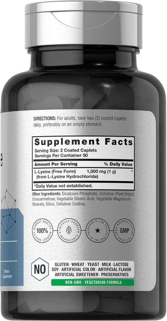 Horbäach L-Lysine 1000mg | 100 Coated Caplets | Free Form Dietary Supplement | Vegetarian, Non-GMO, and Gluten Free Formula