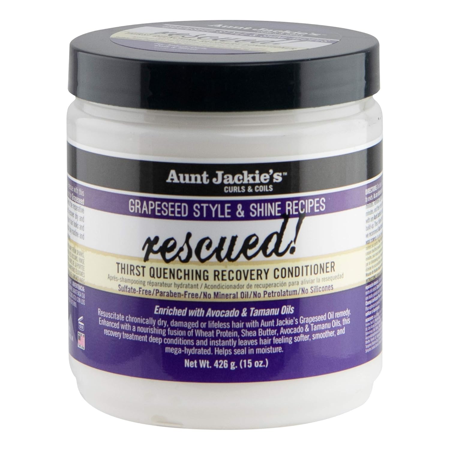 Aunt Jackie'S Grapeseed Style And Shine Recipes Rescued Thirst Quenching Hair Recovery Conditioner Repair Treatment, Seals In Moisture, 15 Oz