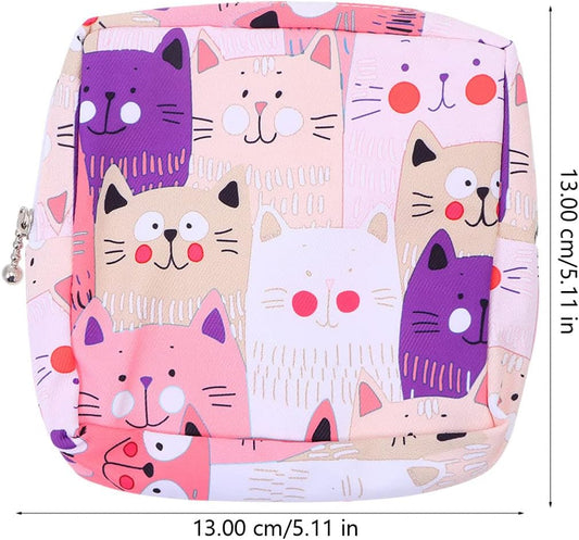 Sanitary Napkin Storage Bag Pad Holder Cute Cat Pouch Multifunctional Storage Purse with Zippers for Teen Girls Women Ladies (Assorted Color)