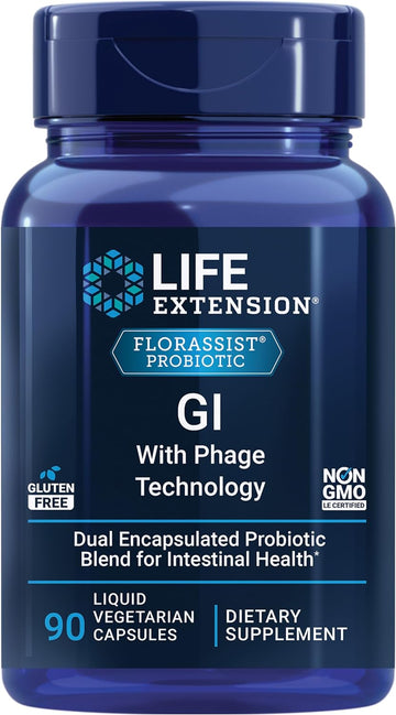 Life Extension Florassist Gi With Phage Technology, Digestive Health, Probiotic Support, Nutrient Absorption, 7 Probiotic Strains, Bacteriophage Blend, 90 Liquid Vegetarian Capsules