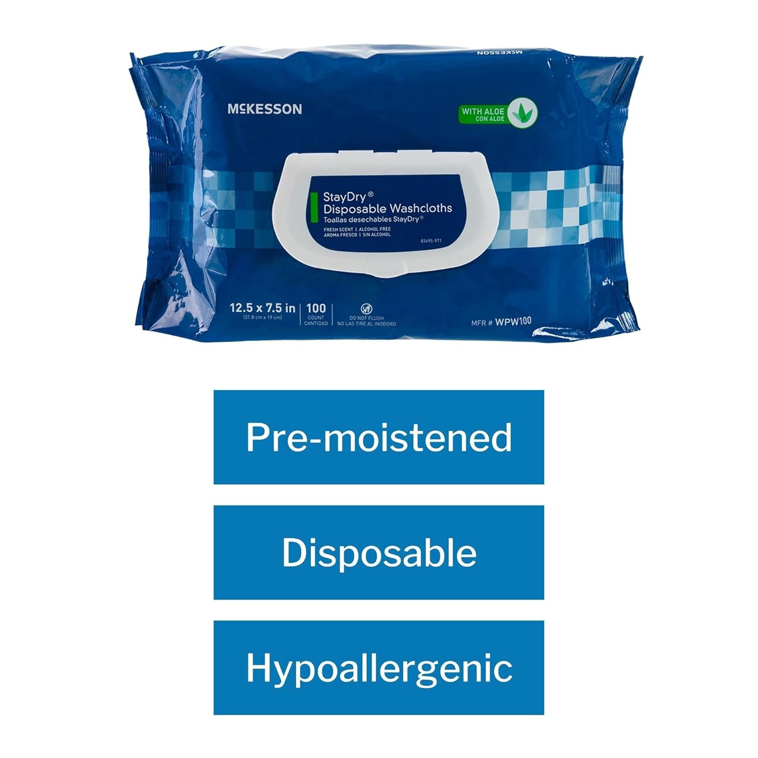 McKesson StayDry Disposable Wipes or Washcloths for Adults with Aloe, Incontinence, Alcohol-Free, Not-Flushable, 100 Wipes, 1 Pack