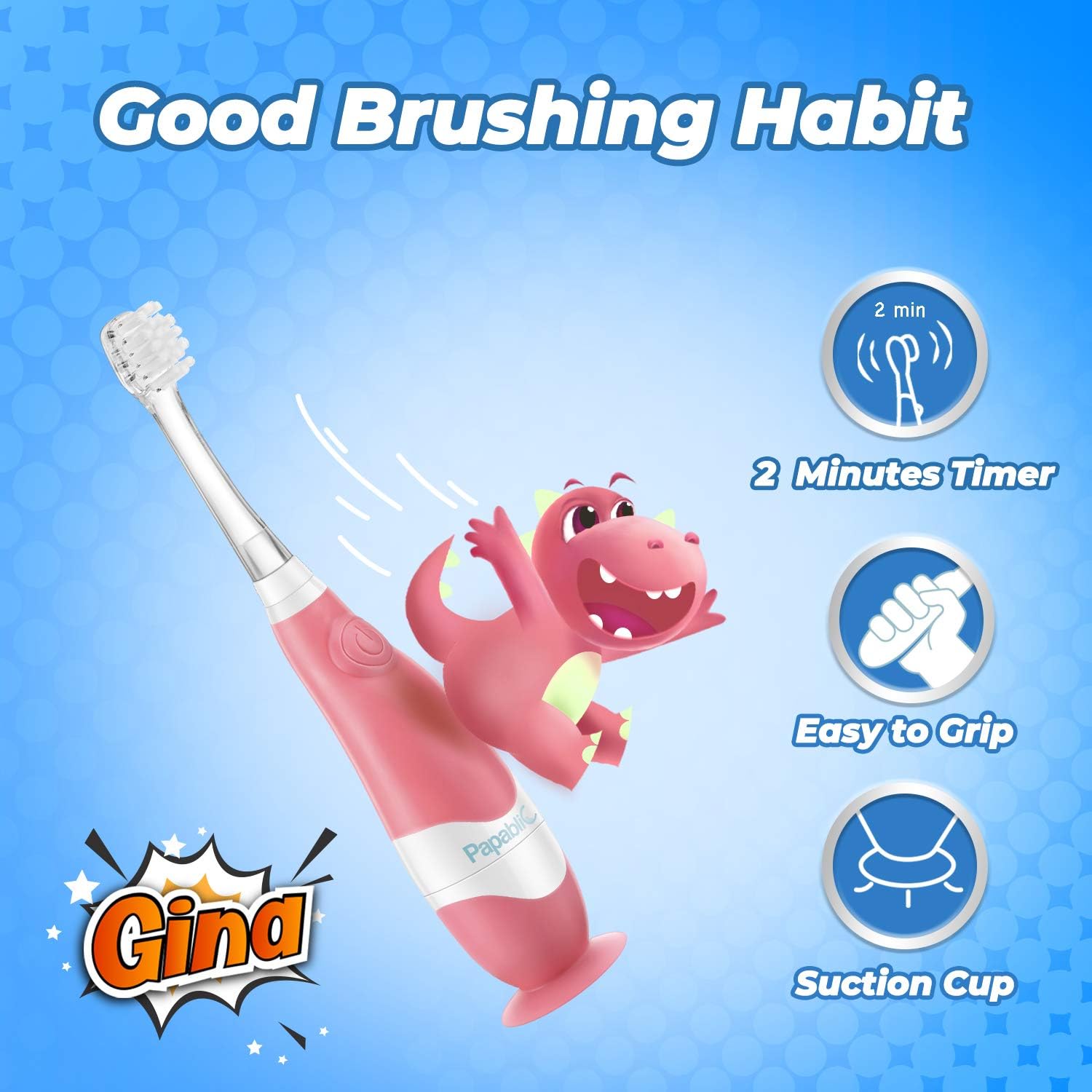 Papablic Toddler Sonic Electric Toothbrush for Ages 1-3 Years, Baby Electric Toothbrush with Cute Dino Cover and Smart LED Timer, 4 Brush Heads (Gina) : Health & Household