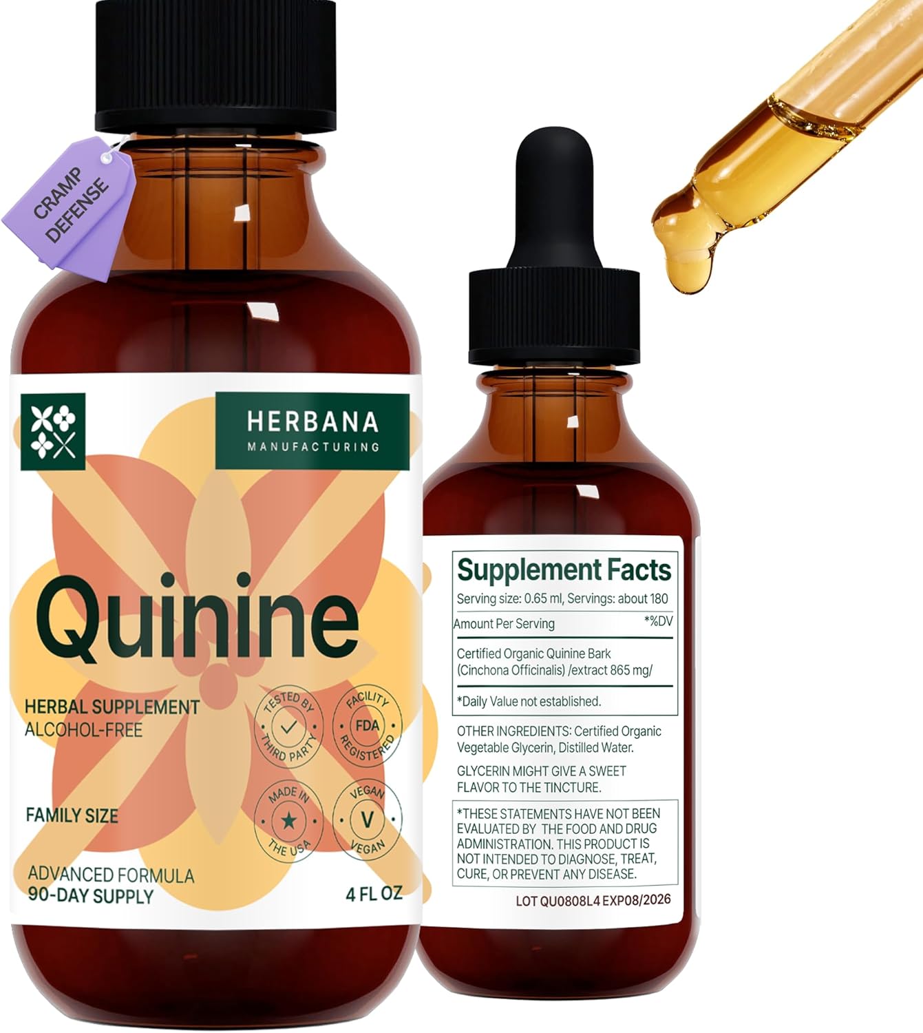 Quinine Liquid Extract 2 Fl Oz - Supplement For Digestive Health Support - Natural Liquid Drops - Cinchona Officinalis Bark - Tincture For Cramp Defense For Man & Woman - High Potency - 45-Day Supply