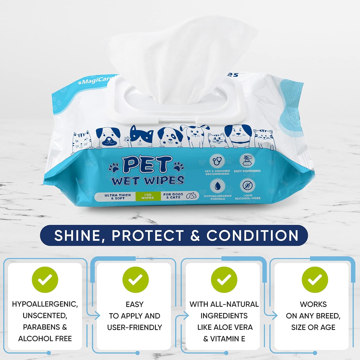 MAGICARE Pet Wipes – 100 pcs Dog Wipes – 8x8 Inch Unscented Dog Paw Cleaner Wipes for Body, Ears, Face, and Skin – Ultra Thick and Soft with Hypoallergenic Formula – Ideal Pet Wipes for Dogs & Cats