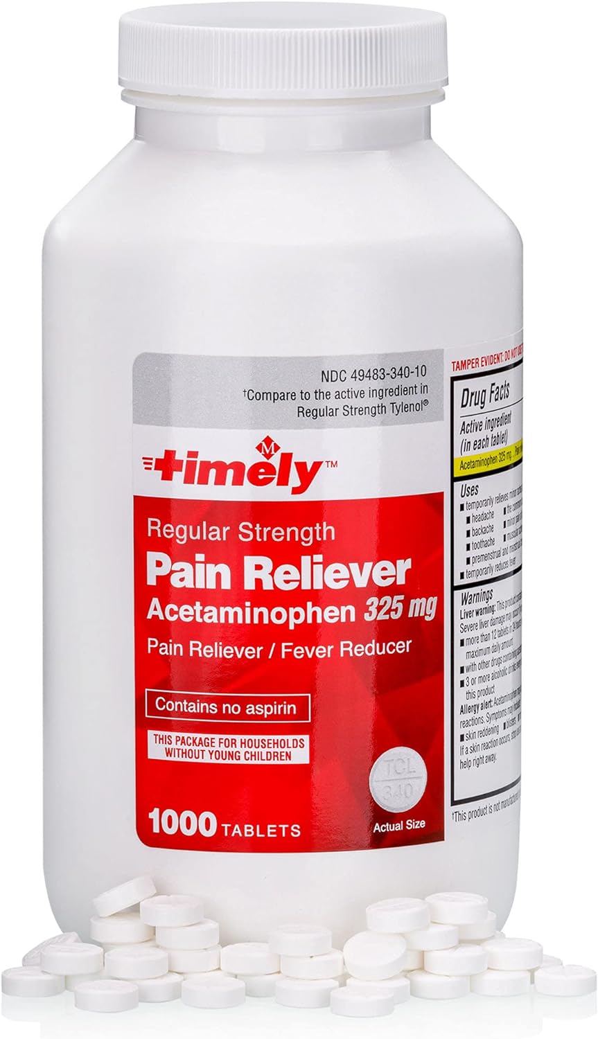 Timely Acetaminophen 325 MG Tablets 1000 Count - Regular Strength Pain Relief - Compared to the active ingredient in Regular Strength Tylenol - Menstrual Cramps, Fever Reducer, Minor Pain of Arthritis