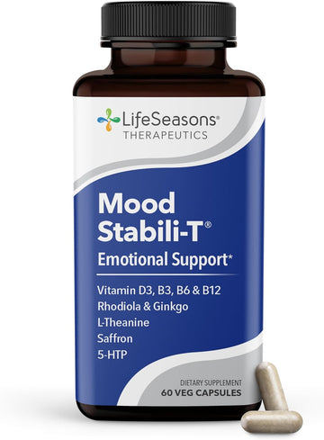 LifeSeasons Mood Stabili-T - Emotional Support - Stabilizes & Balances Mood - Evokes Calmness Relaxation & Happiness - Stress Relief + Relax Mind - Rhodiola, Ginkgo Biloba & Vitamin D3-60 Capsules