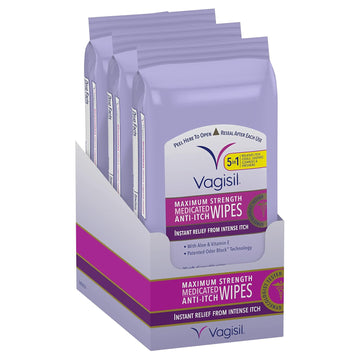 Vagisil Wipes, Anti-Itch Medicated Feminine Vaginal Wipes, Maximum Strength, Instant Relief, 20 Wipes (Pack Of 3)